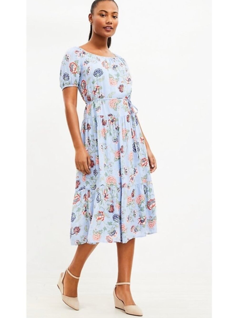 Loft Spring Blue Floral Midi Dress Tiered Tie Waist Easter Feminine Size Medium